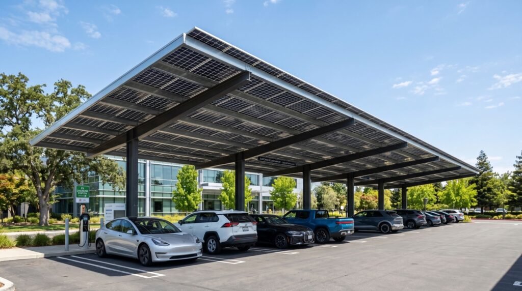 Solar carport with panels shading cars